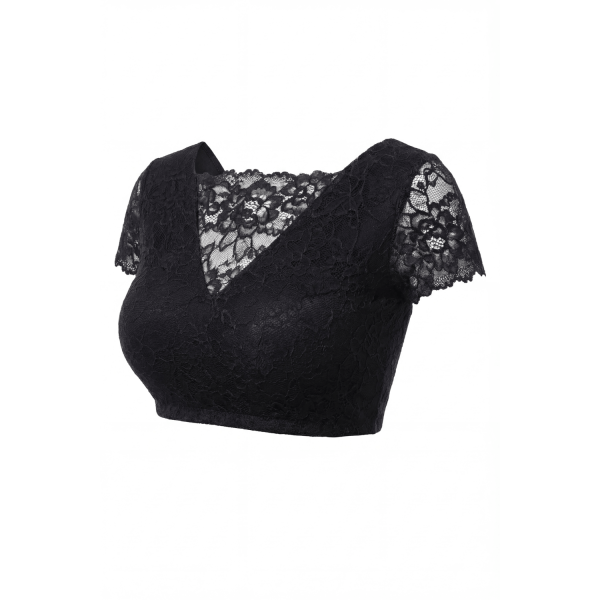 Top court noir réversible en bi-matière et dentelle florale