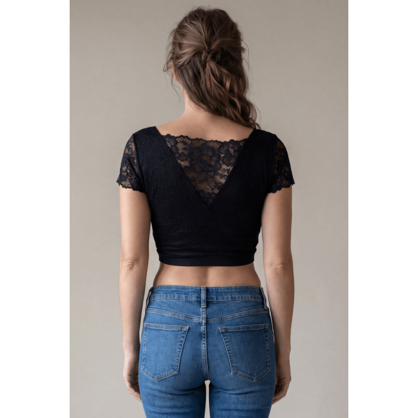 Top court noir réversible en bi-matière et dentelle florale