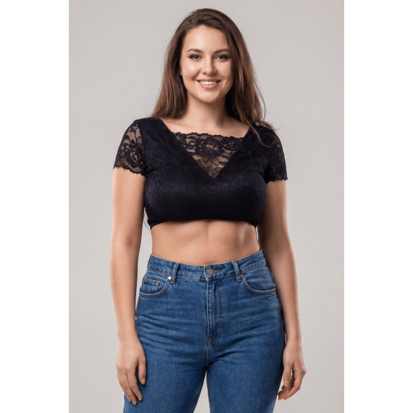 Top court noir réversible en bi-matière et dentelle florale