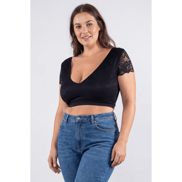 Top court noir réversible en bi-matière et dentelle florale