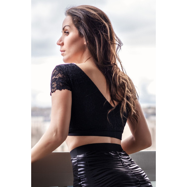 Top court noir réversible en bi-matière et dentelle florale