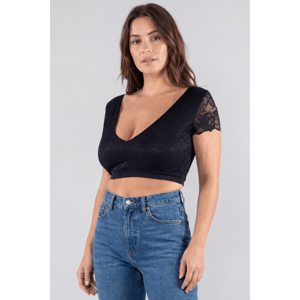 Top court noir réversible en bi-matière et dentelle florale