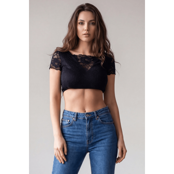 Top court noir réversible en bi-matière et dentelle florale