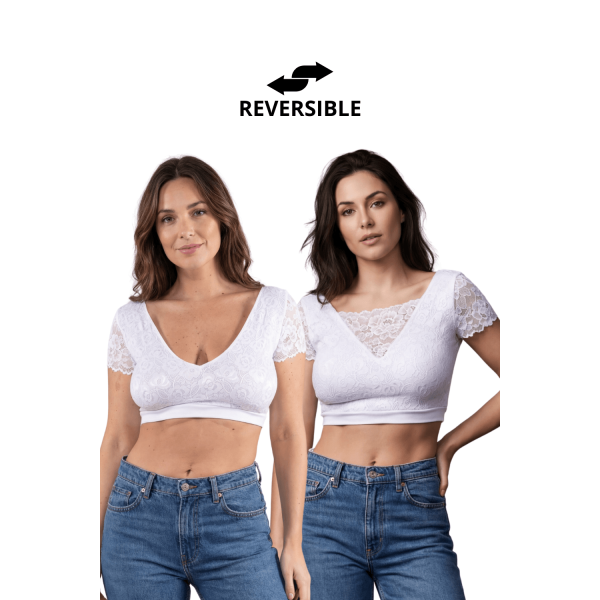 Top sexy court bi-matière blanc réversible avec dentelle florale
