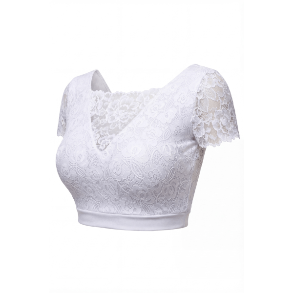 Top sexy court bi-matière blanc réversible avec dentelle florale