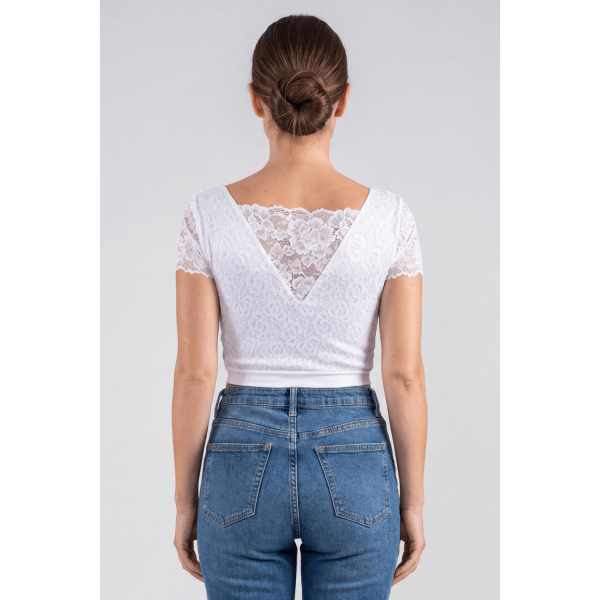 Top sexy court bi-matière blanc réversible avec dentelle florale