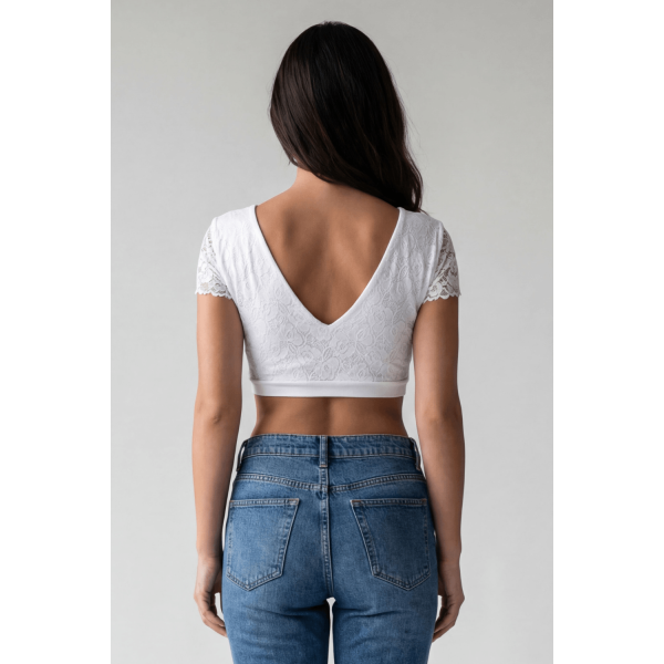 Top sexy court bi-matière blanc réversible avec dentelle florale