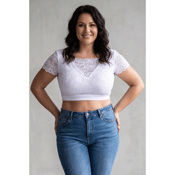 Top sexy court bi-matière blanc réversible avec dentelle florale