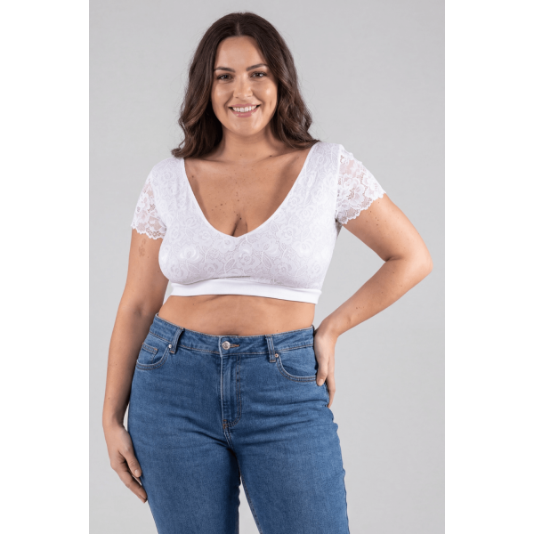 Top sexy court bi-matière blanc réversible avec dentelle florale
