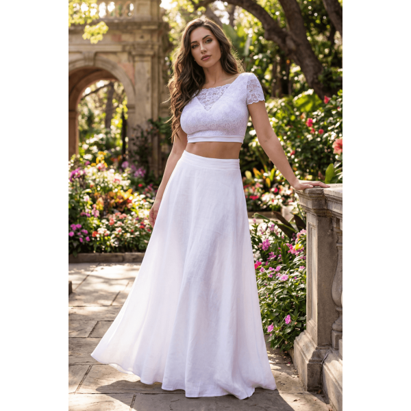 Top sexy court bi-matière blanc réversible avec dentelle florale