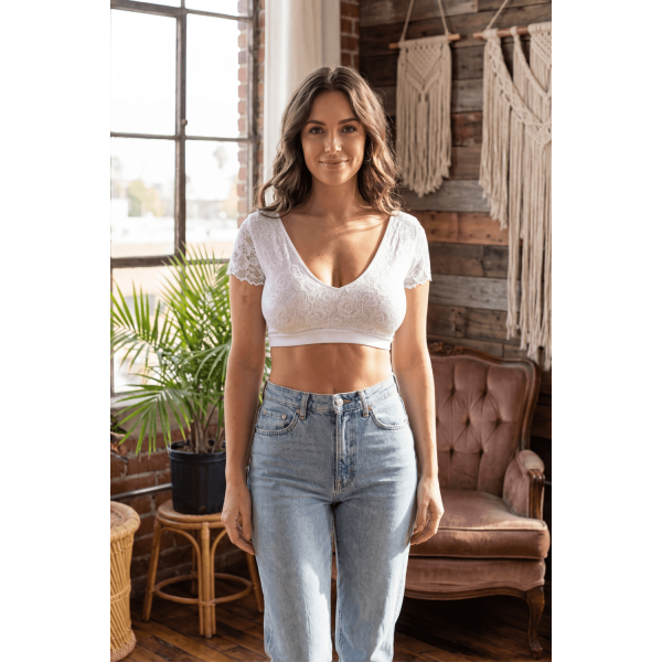 Top sexy court bi-matière blanc réversible avec dentelle florale