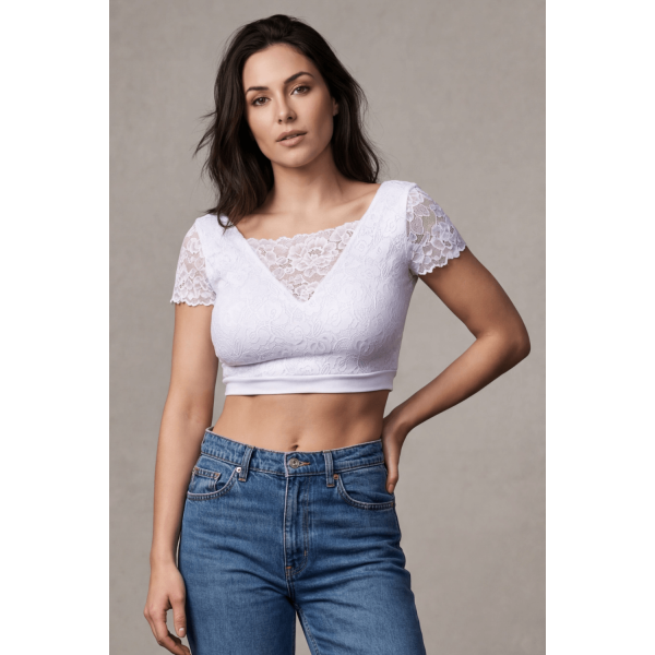 Top sexy court bi-matière blanc réversible avec dentelle florale