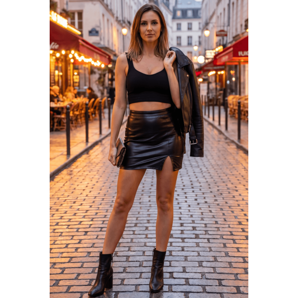 Jupe courte noire wetlook Alessia, simili cuir et zip, Be Lily