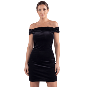 Robe velours noir Giulia – Épaules dénudées & coupe courte élégante