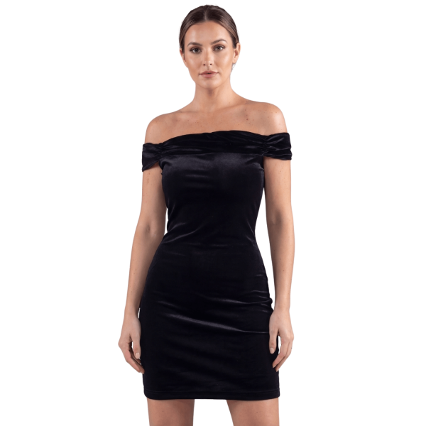 Robe velours noir Giulia – Épaules dénudées & coupe courte élégante