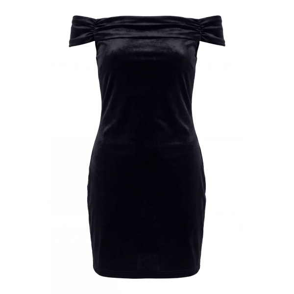 Robe velours noir Giulia – Épaules dénudées & coupe courte élégante