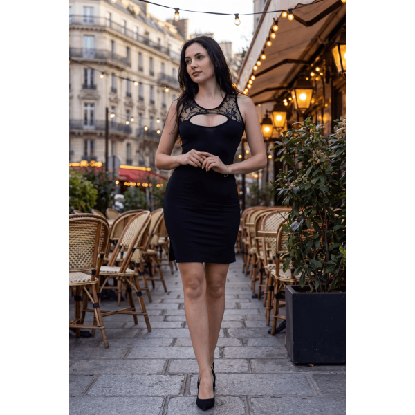 Robe noire Lora sexy courte en dentelle florale – Be Lily