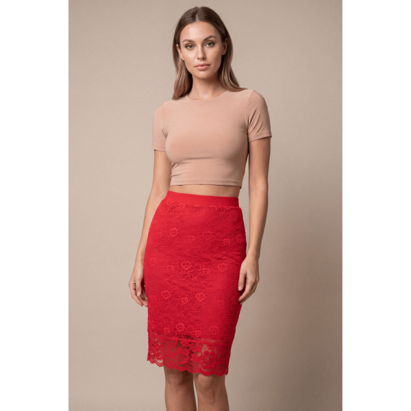 Jupe Longue Rouge Catalina en Dentelle Florale par Be Lily