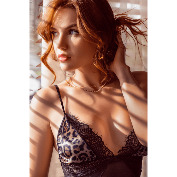Babydoll noir en maille transparente avec dentelle imprimé animal – Mapalé