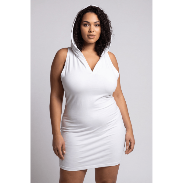 Robe Blanche Adriana à Capuche – Résille & Bandeau Sexy