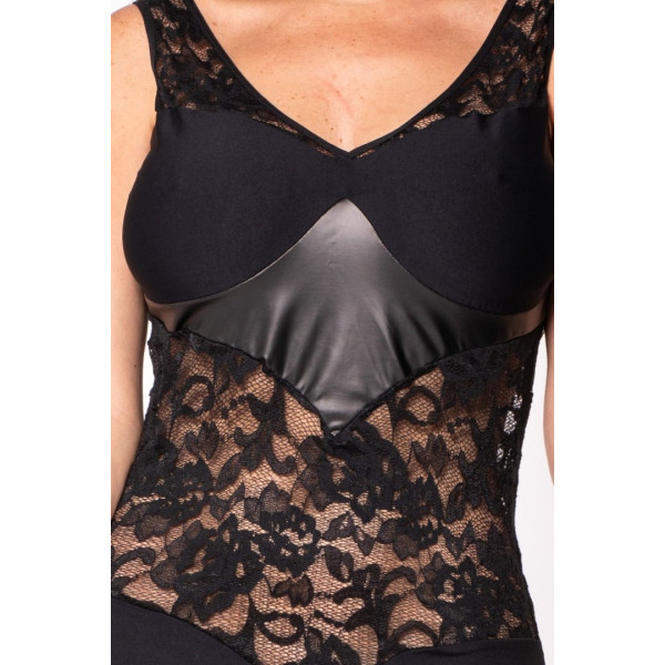 Robe cocktail noire dentelle & wetlook – Dos plongeant & laçage