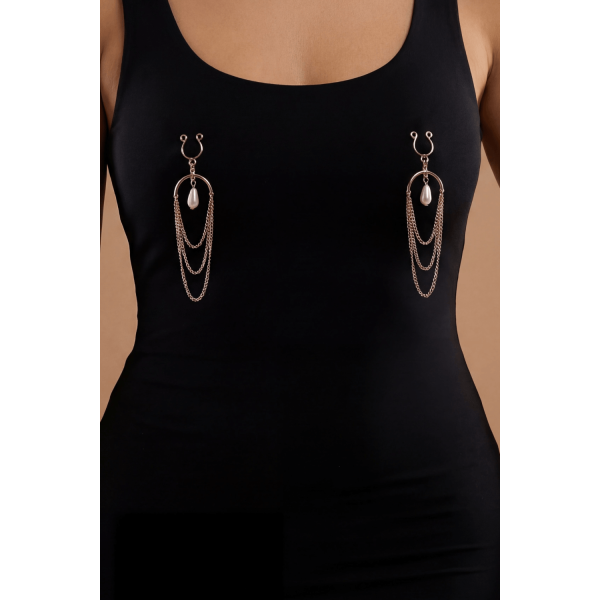 Bijoux de seins 3 chaînettes doré rose avec perle nacrée
