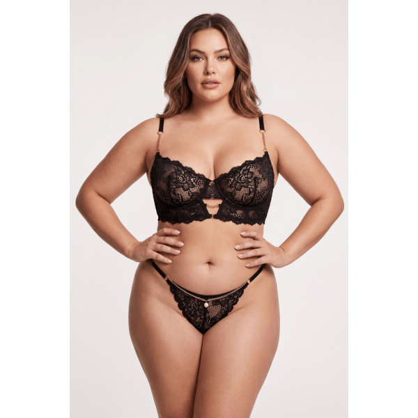 String Noir Dentelle & Chaîne Dorée avec Bijou – Réglable
