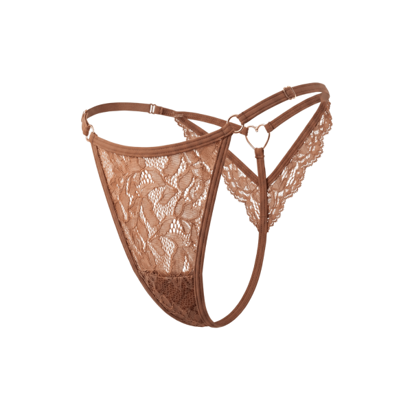 String Taupe Dentelle & Bijou Cœur Doré – Réglable