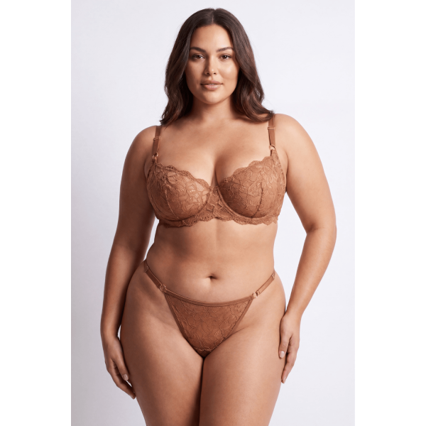 String Taupe Dentelle & Bijou Cœur Doré – Réglable