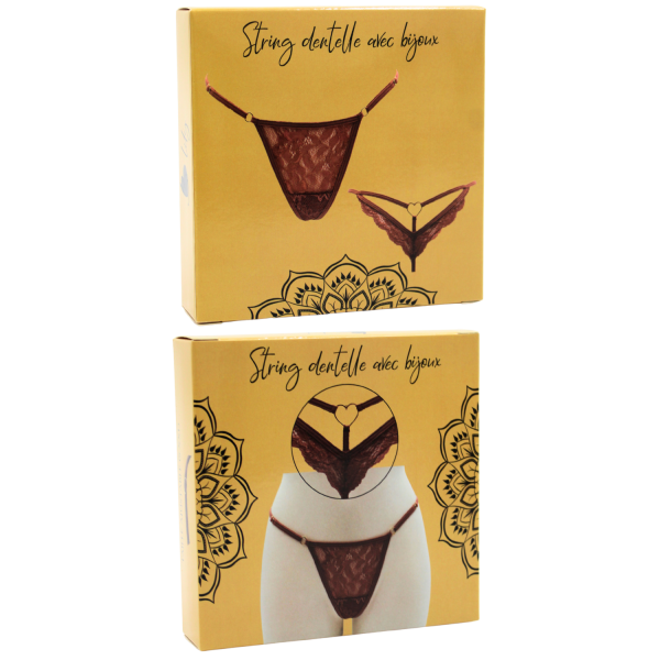 String Taupe Dentelle & Bijou Cœur Doré – Réglable