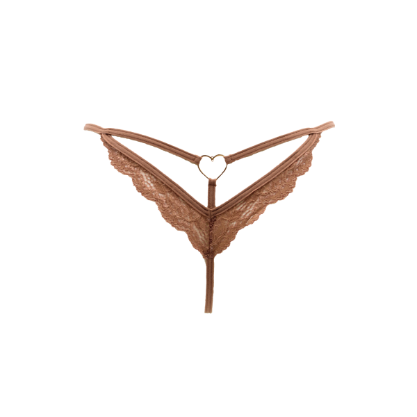 String Taupe Dentelle & Bijou Cœur Doré – Réglable