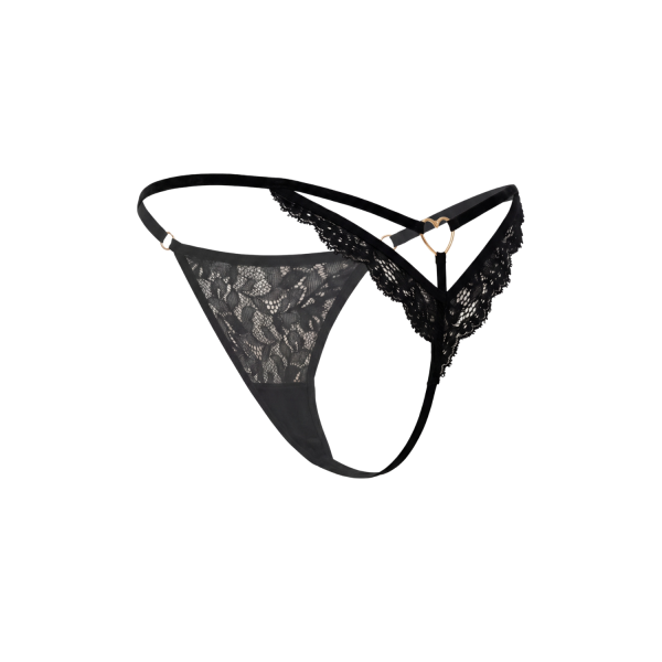 String Noir en Dentelle & Bijou Cœur Doré – Ajustable
