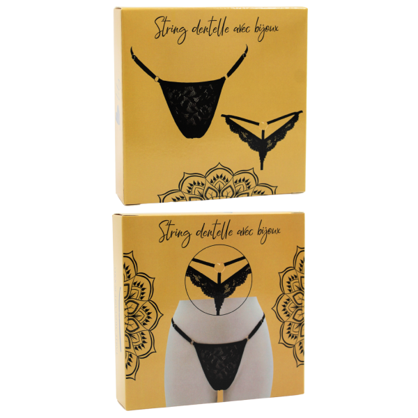 String Noir en Dentelle & Bijou Cœur Doré – Ajustable