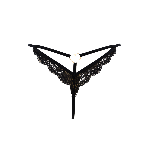 String Noir en Dentelle & Bijou Cœur Doré – Ajustable