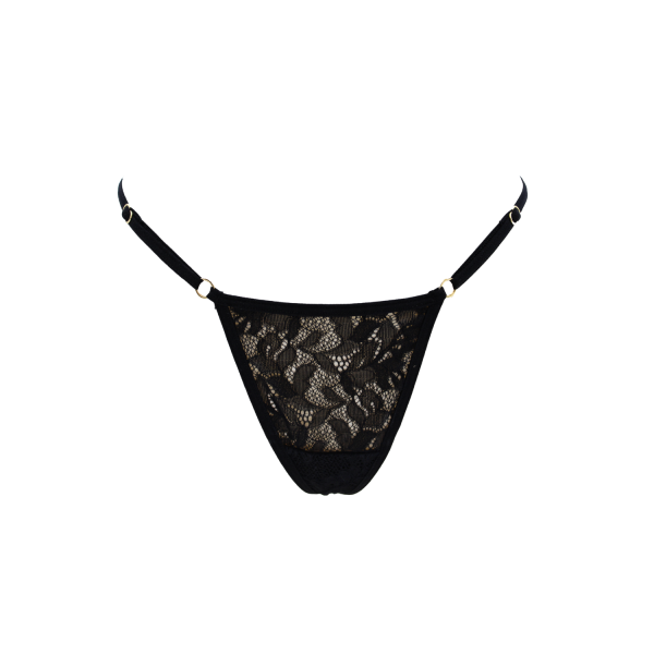 String Noir en Dentelle & Bijou Cœur Doré – Ajustable