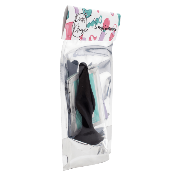 Plug Anal Noir en Silicone S avec Ventouse Taille S 10,5 cm Pocket Pleasure  1 dosette de lubrifiant