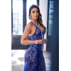 Robe longue transparente bleu royal en dentelle avec dos croisé et fente haute - Mapalé