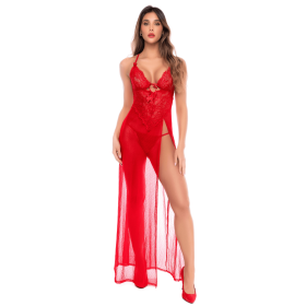 Robe longue transparente rouge en dentelle et résille avec string - Mapalé