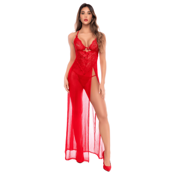 Robe longue transparente rouge en dentelle et résille avec string - Mapalé