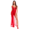 Robe longue transparente rouge en dentelle et résille avec string - Mapalé