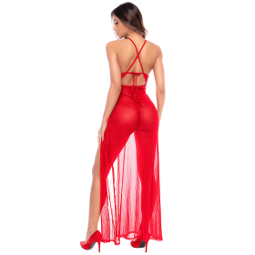 Robe longue transparente rouge en dentelle et résille avec string - Mapalé