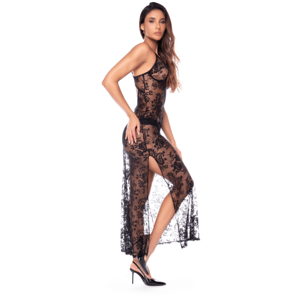 Nuisette transparente noire en dentelle avec décolleté plongeant et fentes latérales - Mapalé