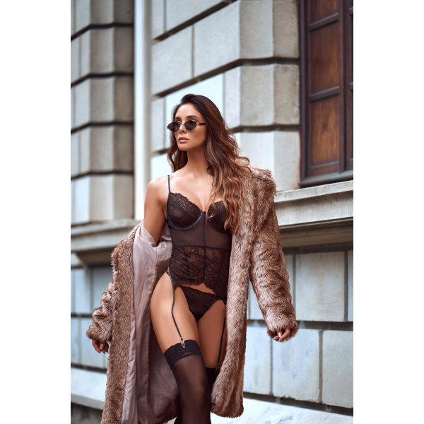 Ensemble 2 pièces avec bustier transparent à armatures et jarretelles noir - Mapalé