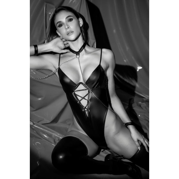 Body wetlook noir avec laçage et chaînes - Mapalé