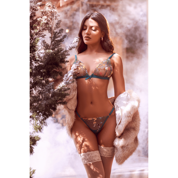 Ensemble 2 pièces vert aurore avec soutien-gorge brodé transparent et string - Mapalé