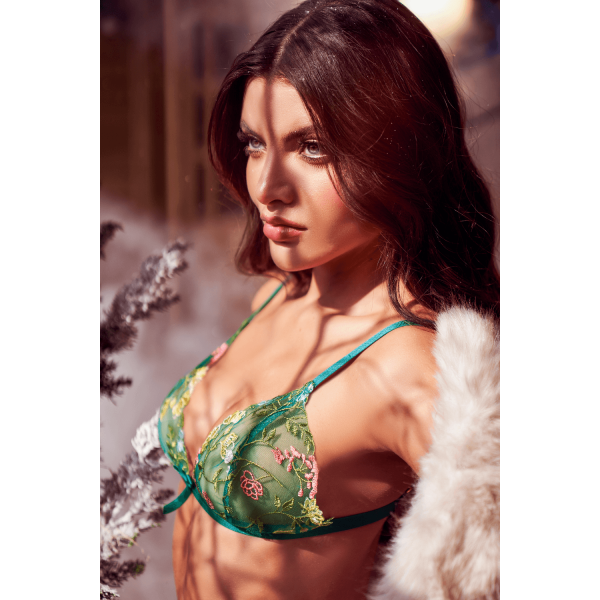 Ensemble 2 pièces vert aurore avec soutien-gorge brodé transparent et string - Mapalé