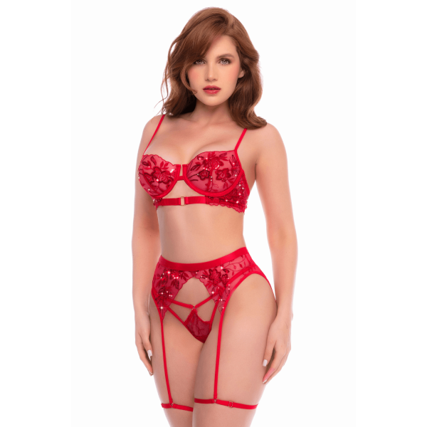 Ensemble 3 pièces rouge écarlate avec soutien-gorge brodé de sequins, porte-jarretelles et string - Mapalé
