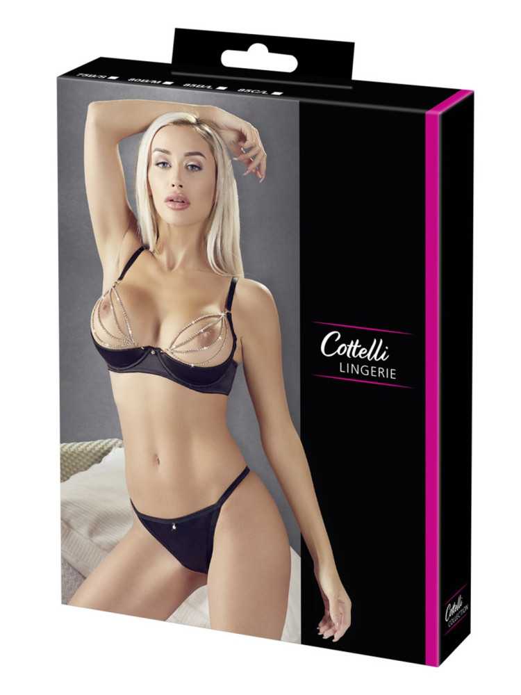 Soutien-gorge sexy demi-seins en satin avec chainette et string - OR2221179BLK