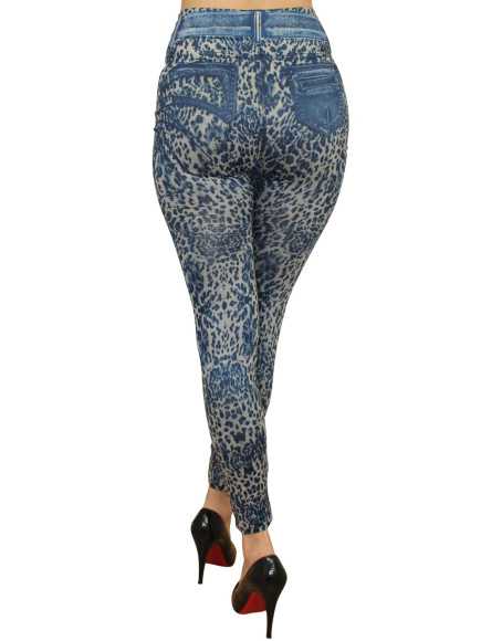 Legging bleu effet jean délavé imprimé léopard - FD1017