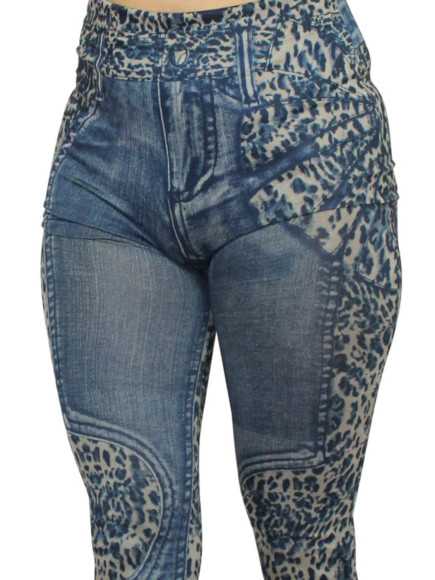 Legging bleu effet jean délavé imprimé léopard - FD1017